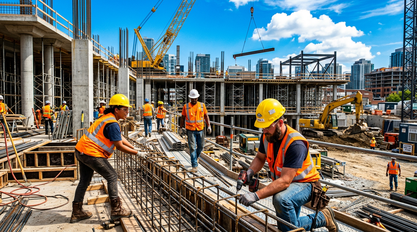 Construction workers wearing helmets and safety vests working on steel reinforcement and framework at an urban building site